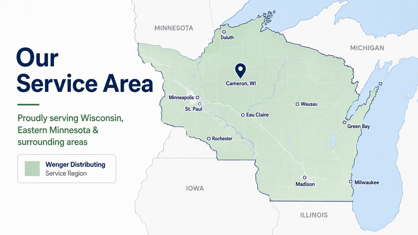 Wenger Distributing service area covering Wisconsin and eastern Minnesota, headquartered in Cameron, WI